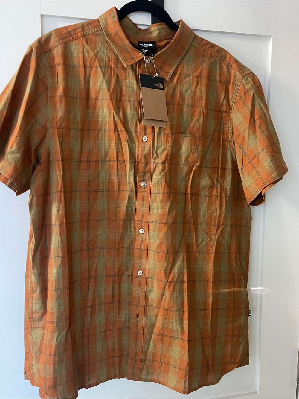 The North Face Men's Orange and Green Plaid Short-Sleeve Button-Up Shirt Sz XL